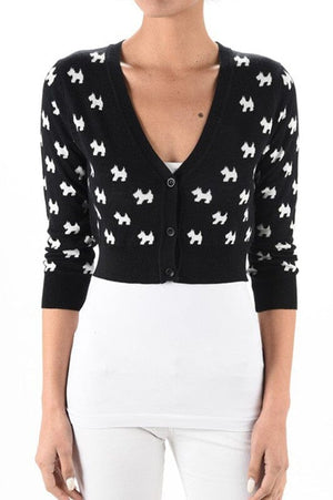 Dog Patterned Button Down Cardigan Sweater Mak Black/Ivory S 