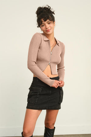 Ribbed Double Zip Cropped Cardigan - Taupe