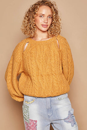 Cable Knit Cutout Long Sleeve Sweater - Honey Mustard