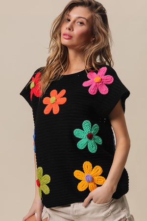 Flower Print Knit Top - Black