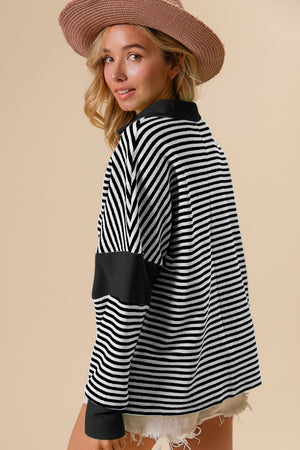 Striped Contrast Long Sleeve Knit Top - Black