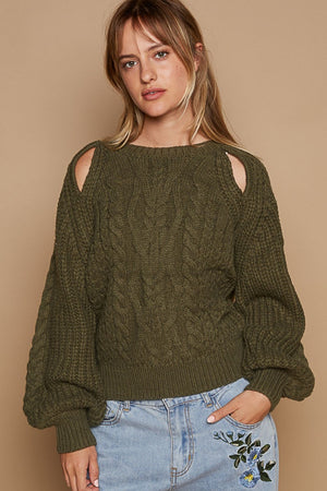 Cable Knit Cutout Long Sleeve Sweater - Dried Olive