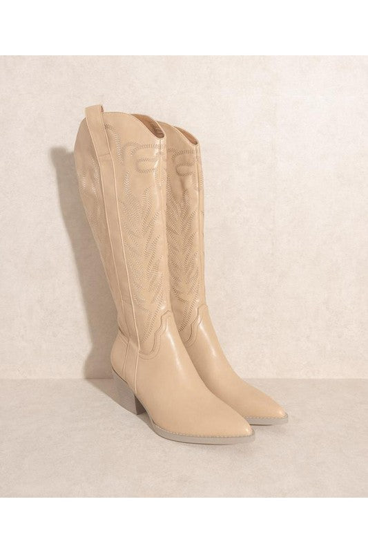 Embroidered Western Boots - Black, White, Off White, Nude, Beige