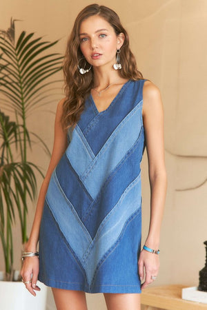 Chevron Color Block V-Neck Denim Dress