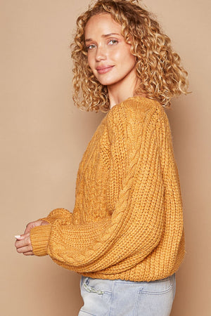 Cable Knit Cutout Long Sleeve Sweater - Honey Mustard