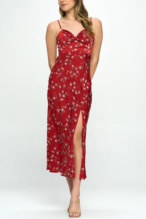 Satin Floral Print Maxi Dress - Black, Brown, Red