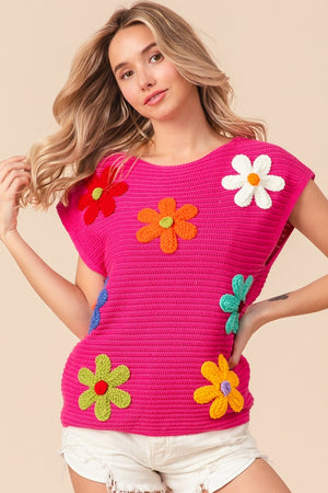 Flower Accent Knit Top - Fuchsia Pink