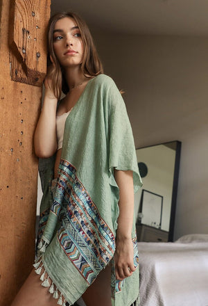 Embroidered Geometric Kimono Kimono Leto Collection Sage 