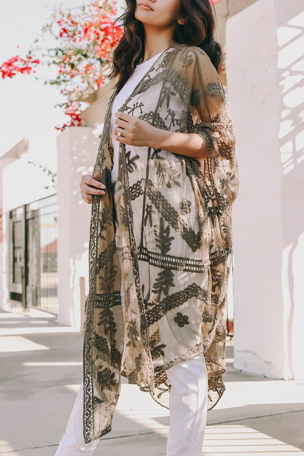 Embroidered Mesh Leaf Kimono Olive