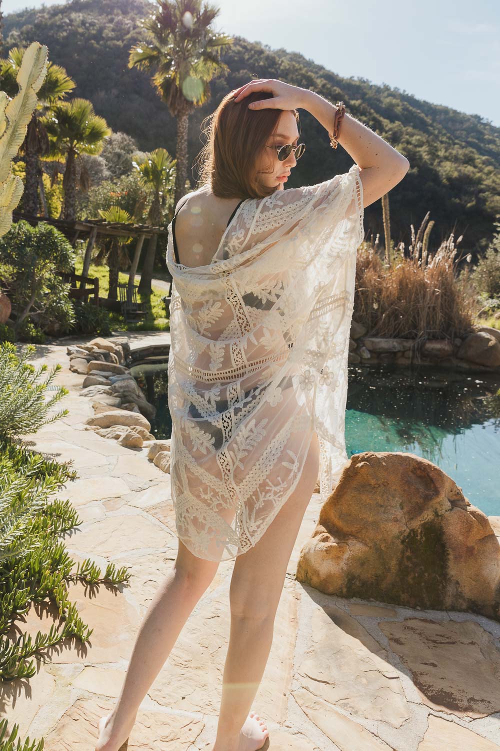 Embroidered Mesh Leaf Kimono Natural