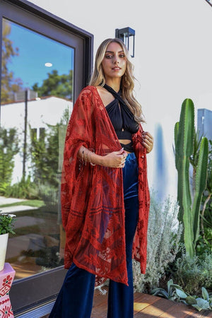 Embroidered Mesh Leaf Kimono Kimono Leto Collection Rust 