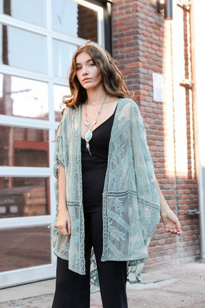 Embroidered Mesh Leaf Kimono Kimono Leto Collection Sage 