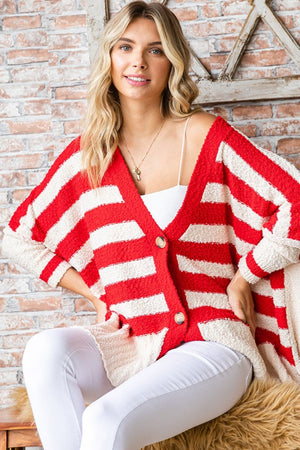 Textured Striped Button Down Cardigan - Red