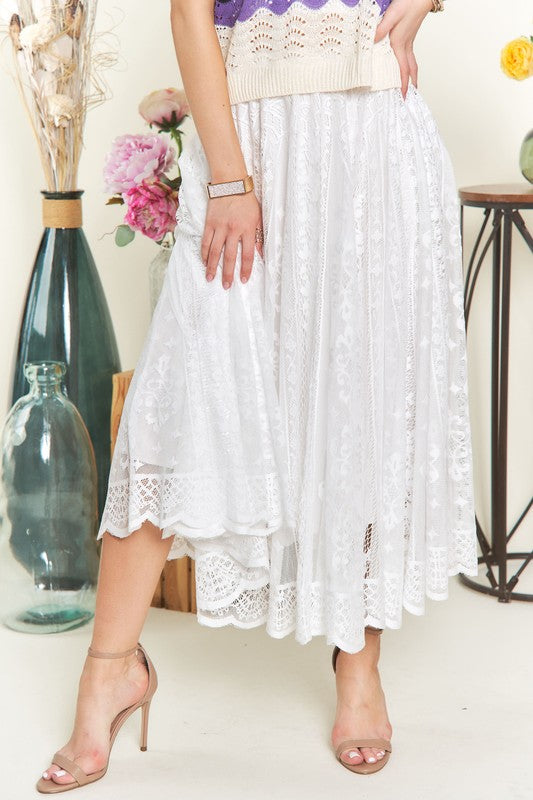 Elastic Waist Lace Midi Skirt