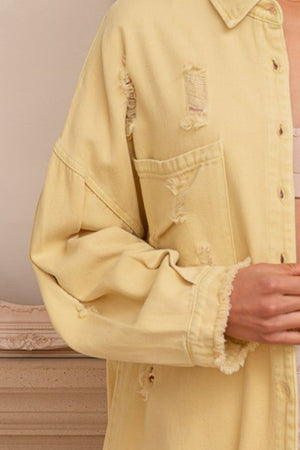 Button Down Raw Hem Distressed Shacket - Lemonade