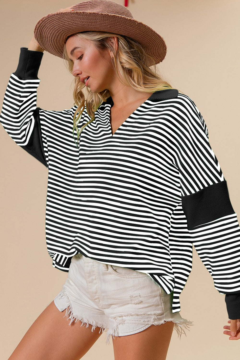 Striped Contrast Long Sleeve Knit Top - Black