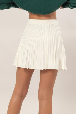 High Waist Knit Pleated Flare Mini Skirt - Cream