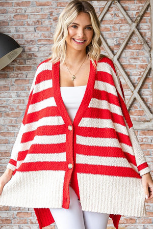 Textured Striped Button Down Cardigan - Red