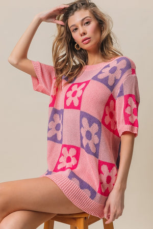 Flower Checkered Sweater - Pink/Periwinkle/Fuchsia