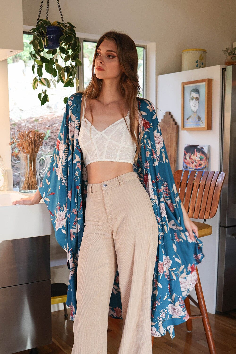 Floral Butterfly Sleeve Kimono Kimono Leto Collection Teal 