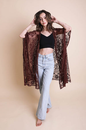 Floral Mandala Mesh Kimono Ponchos Leto Collection Chocolate 