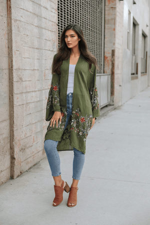 Flower Child Long Kimono Cardigan Kimono Leto Collection Olive 