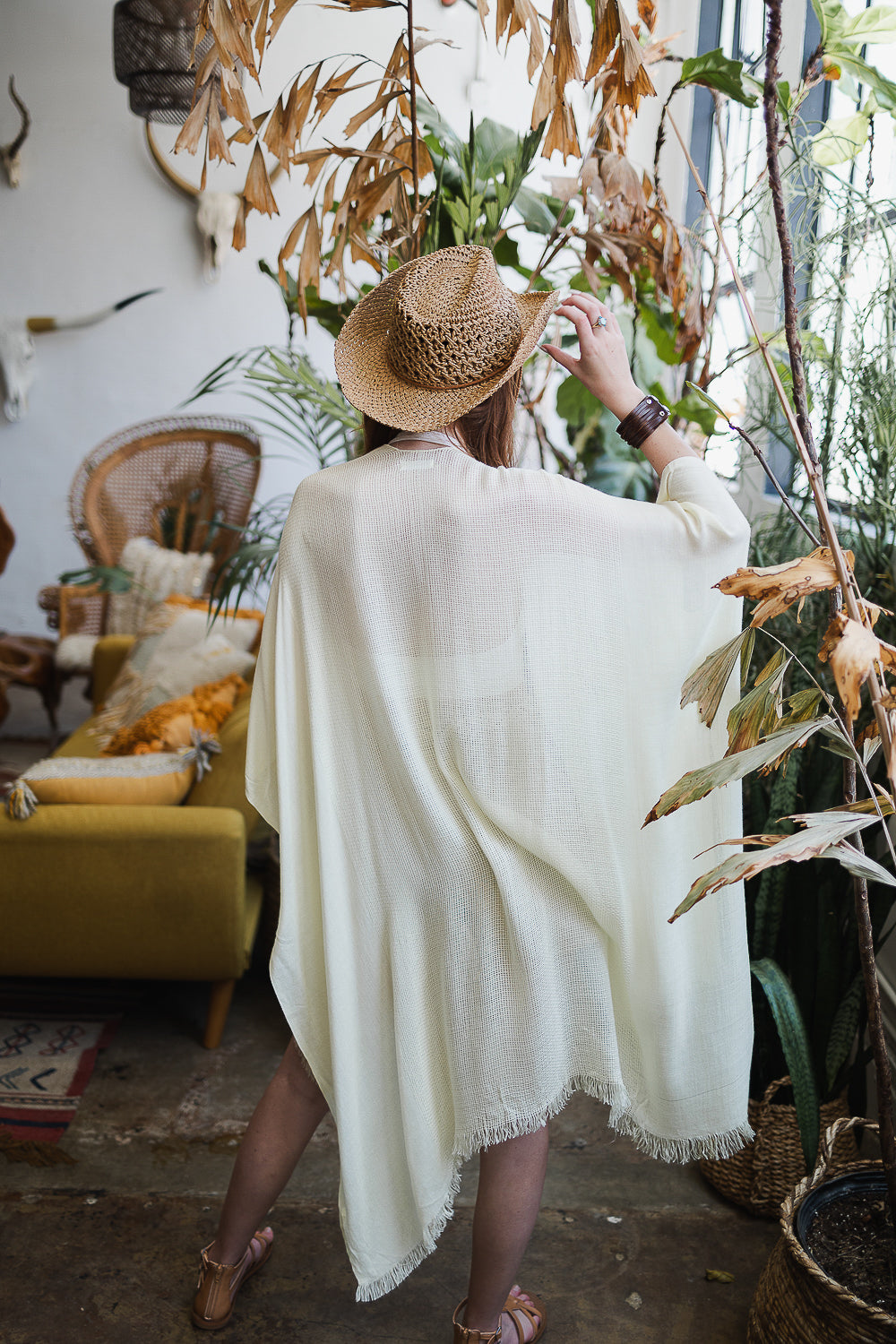 Frayed Trim Kimono Ponchos Almond