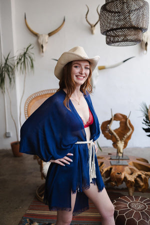 Frayed Trim Kimono Ponchos Leto Collection 