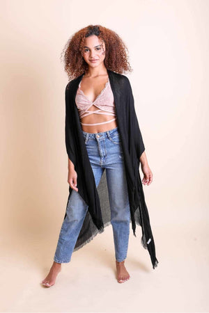 Frayed Trim Kimono Ponchos Leto Collection Black 