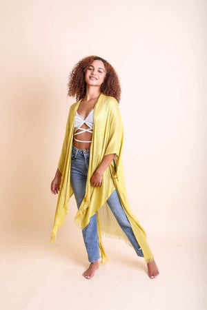 Frayed Trim Kimono Ponchos Leto Collection Mustard 