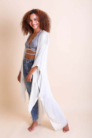 Frayed Trim Kimono Ponchos Leto Collection White 