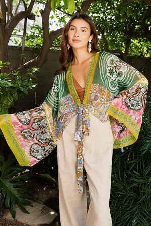 Free Spirit Boho Tie Front Wrap w/ Armholes Kimono Leto Collection 