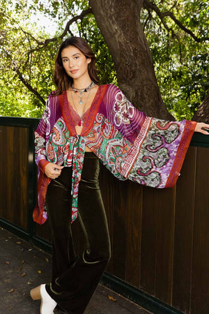 Free Spirit Boho Tie Front Wrap w/ Armholes Kimono Leto Collection One Size Maroon 