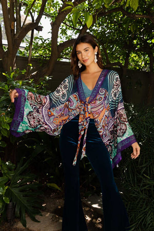 Free Spirit Boho Tie Front Wrap w/ Armholes Kimono Leto Collection One Size Teal 