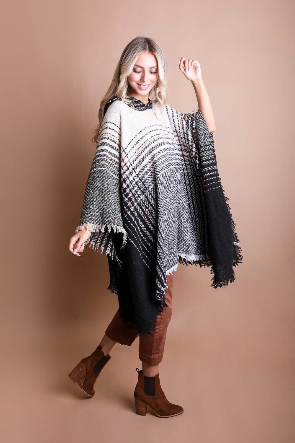 Herringbone Hooded Poncho Ponchos Leto Collection Black 