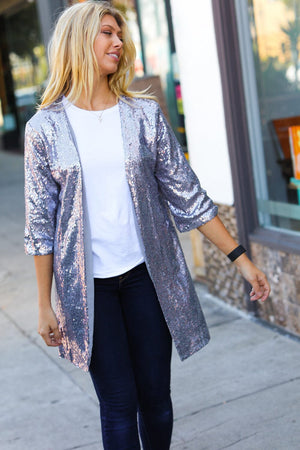 Holiday Silver Iridescent Sequin Open Lined Cardigan Haptics 