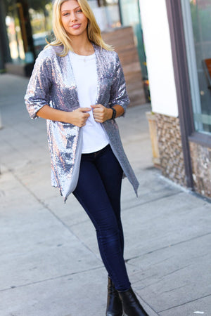 Holiday Silver Iridescent Sequin Open Lined Cardigan Haptics 