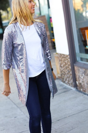 Holiday Silver Iridescent Sequin Open Lined Cardigan Haptics 