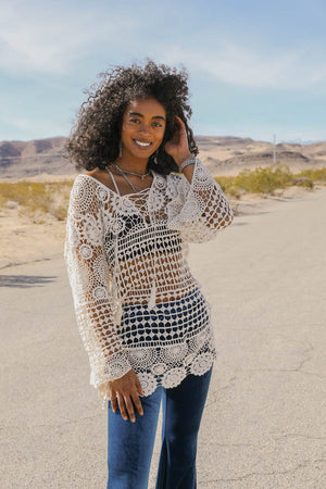 Lace-Up Crochet Tunic Kimono Leto Collection Ivory 