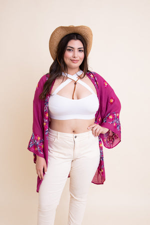 Lightweight and comfortable floral fuchsia kimono for layering.