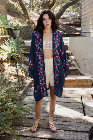 Trendy anemone embroidered navy kimono for everyday looks.