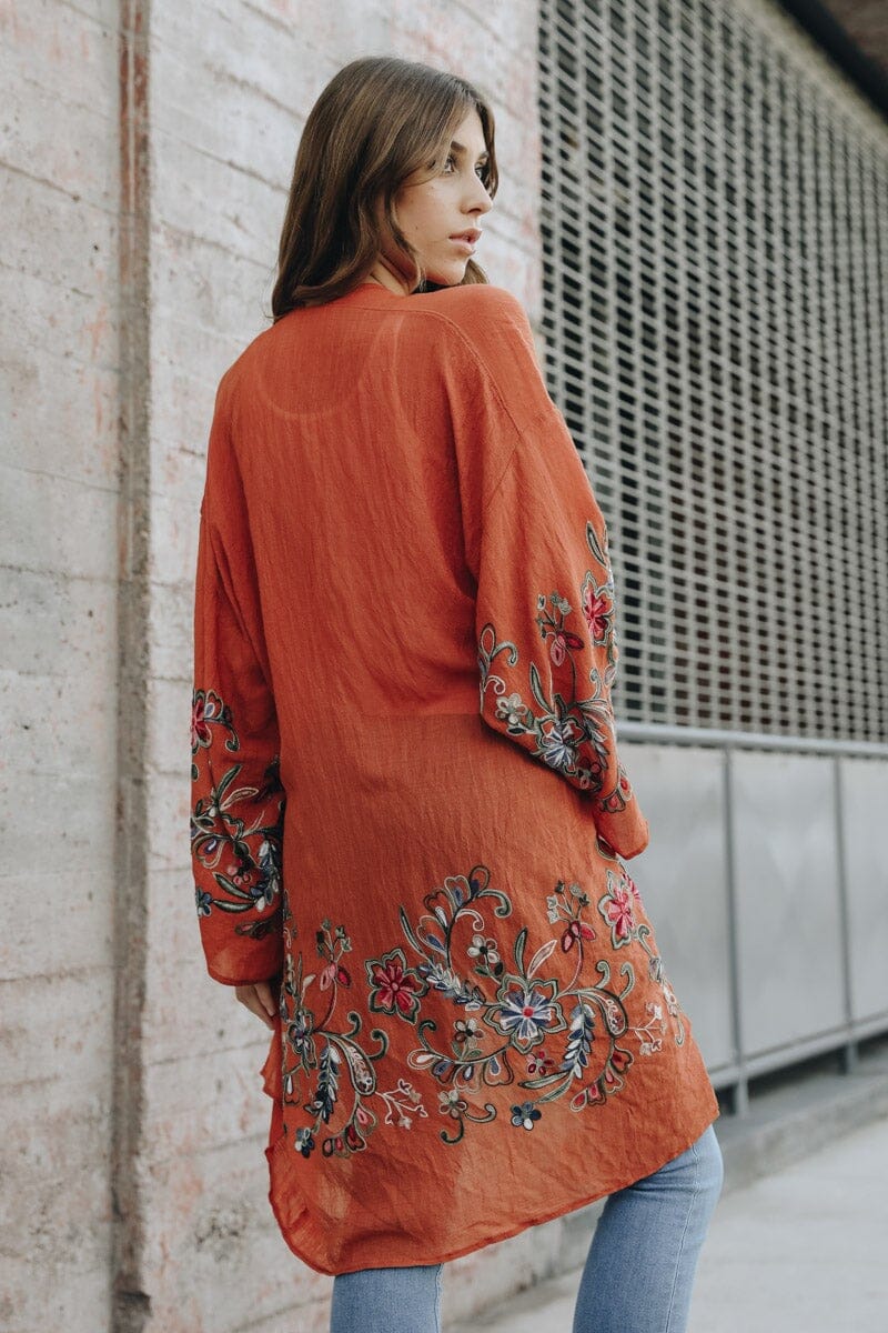 Long Floral Kimono Cardigan Kimono Leto Collection Rust 