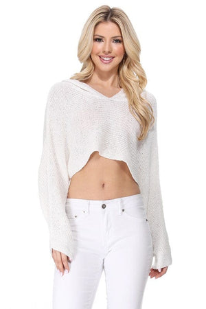 Long Sleeve Knit Cropped Sweater Top Hoodie Mak Ivory SM 