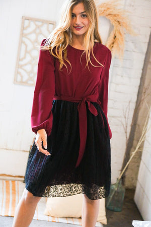 Maroon & Black Lace Overlay Sash Tie Dress Haptics 