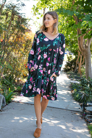 Midnight Floral Tiered Babydoll Dress with Pockets Haptics 