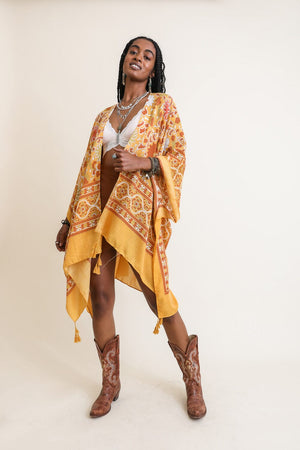 Moroccan Touch Tapestry Kimono Kimono Leto Collection One Size Mustard 