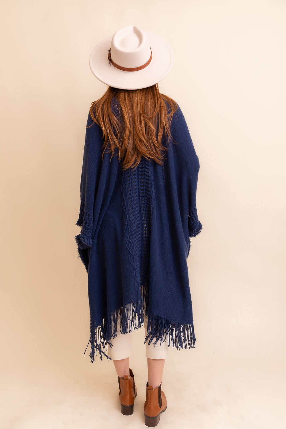 Open Work Frayed Bohemian Ruana Ponchos Navy