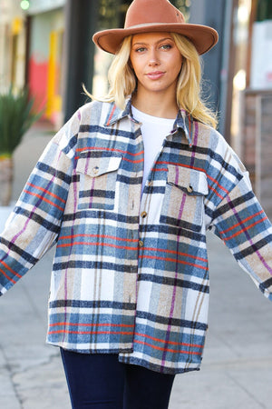 Perfectly You Taupe & Blue Plaid Flannel Button Down Shacket Haptics 