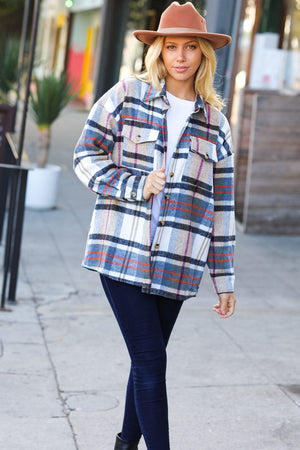 Perfectly You Taupe & Blue Plaid Flannel Button Down Shacket Haptics 