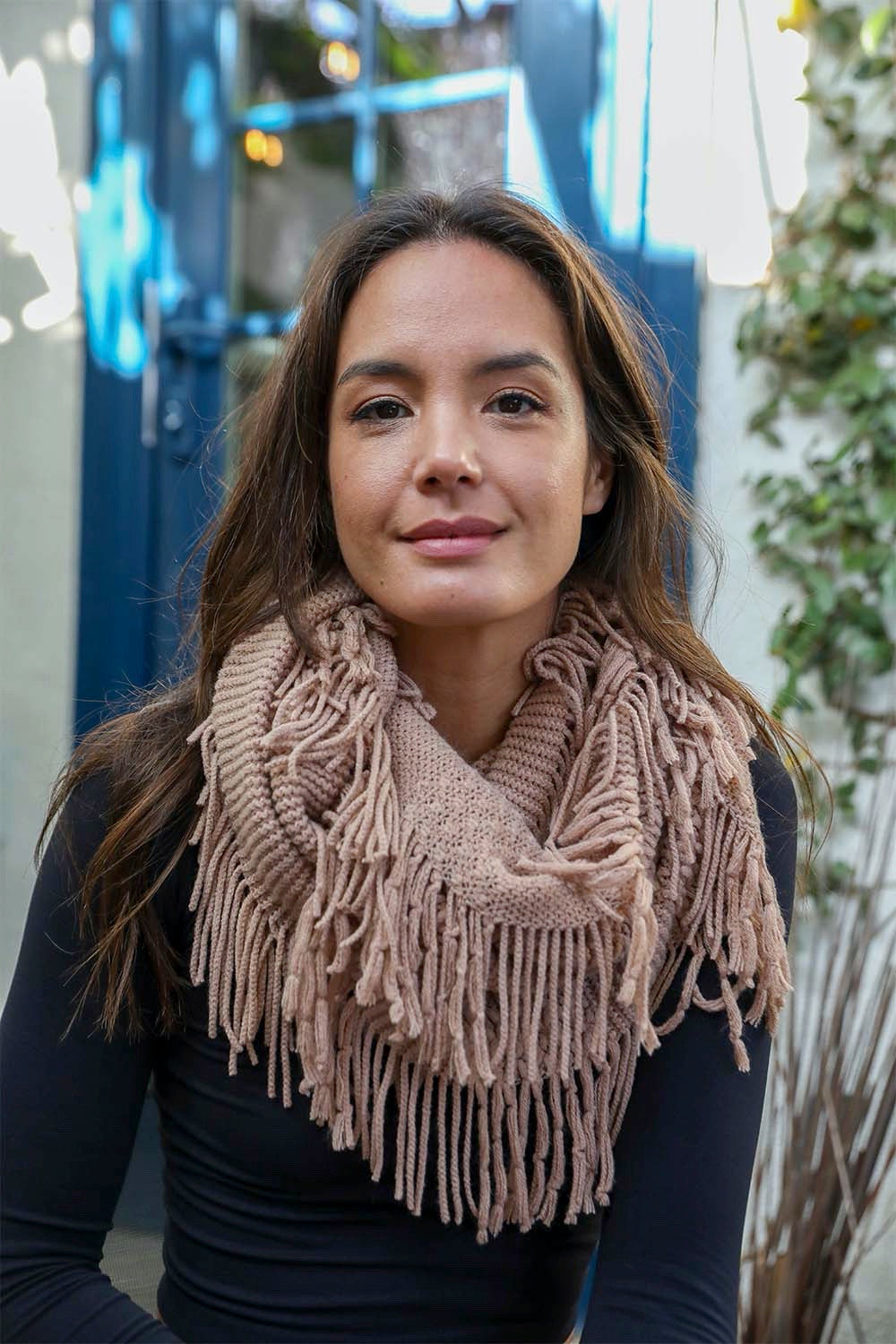 Pointelle Fringe Infinity Scarves Taupe